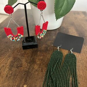 New Seed Bead Earrings, 1 Red with multiple colors, & 1 green.